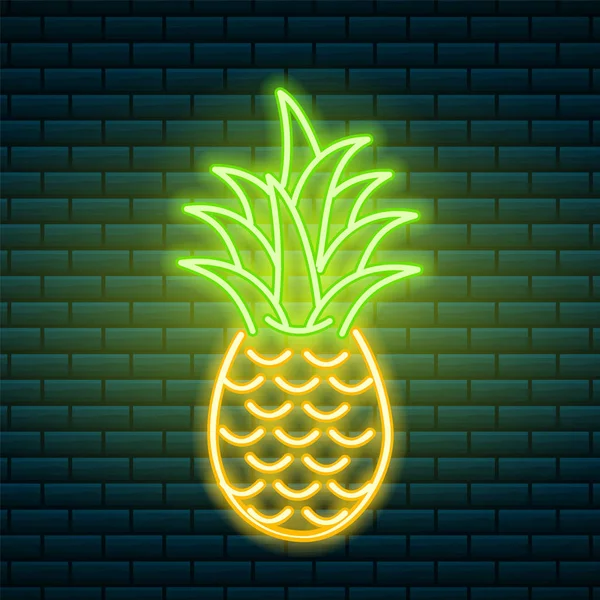 Неоновый ананас. Тропический знак. Летнее растение, листья. Ночь яркая вывеска, светящаяся икона, световое знамя. Редактируемый вектор . — стоковый вектор