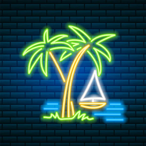 Palmera de neón. Señal tropical. Planta de verano, hojas. Letrero de noche brillante, icono brillante, banner de luz. Vector editable . — Vector de stock