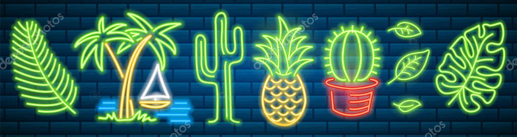 Set of fashion neon sign. Cactus and pineapple, tropical plants, palm trees and leaves. Night bright signboard, Glowing light banner. Summer logo for Club or bar on dark background. Editable vector