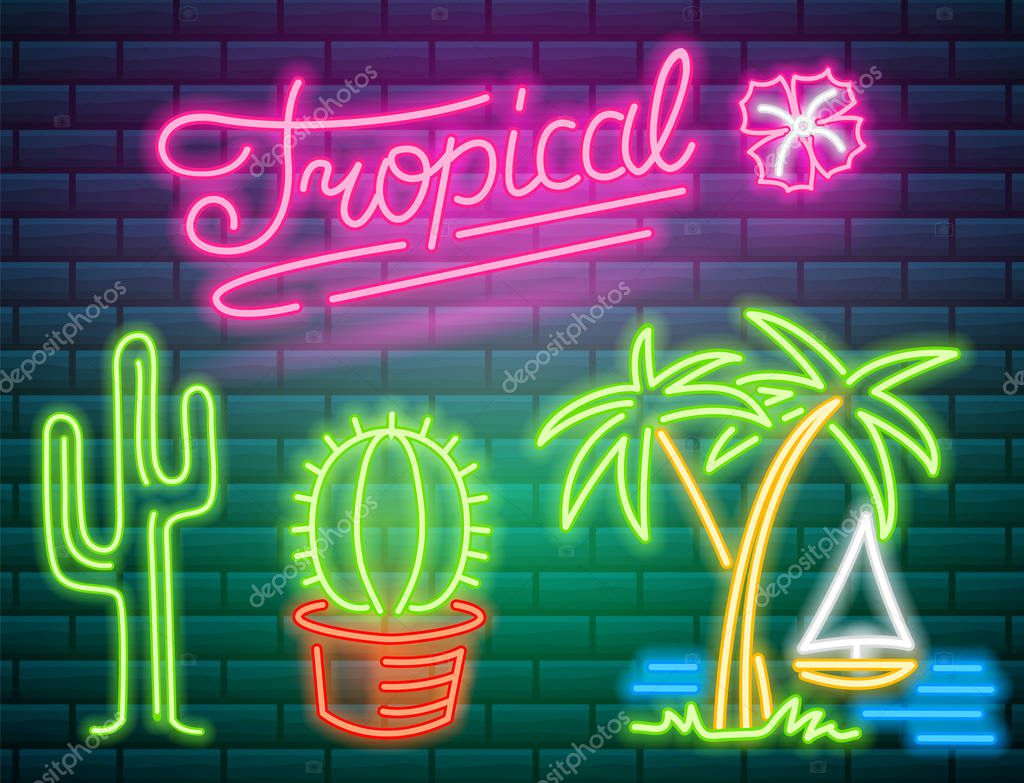 Tropical neon signs. Cactus and palm. Summer logo for Club or bar on dark background. Night bright signboard, Glowing light banner. Editable vector