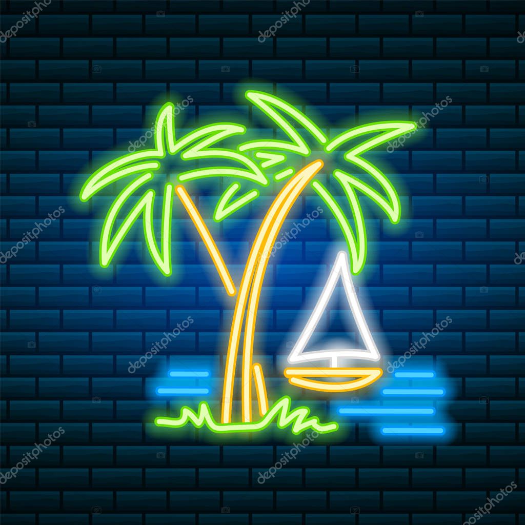 Neon palm. Tropical sign. Summer plant, leaves. Night bright signboard, Glowing icon, light banner Editable vector