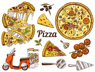 Peynirli pizza kümesi. Nefis İtalyan Vejetaryen yemek domates, deniz ürünleri ve zeytin. Yemek pişirmek için malzemeler ve motosiklet'dır. Restoran menü için kroki. Vintage tarzı el çekilmiş.