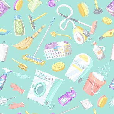 Temizlik araçları sorunsuz desen. Ev simgeleri arka plan. Çamaşır makinesi, Deterjantemizleyici, Paspas için Su kovası, Servis için Kimyasal Cihazlar. Karikatür Ev.