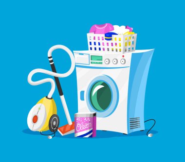 Temizlik aletleri. Poster için ev simgeleri. Çamaşır makinesi, daireler için Deterjan temizleyici, Paspas için Su kovası, Elektrikli süpürge Kepçe, Servis için Kimyasallar Aletleri. Karikatür Ev.