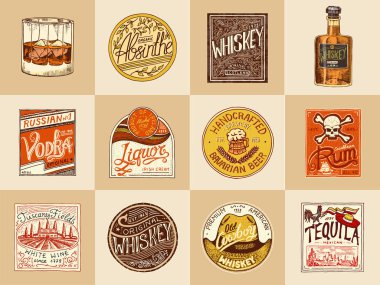 Alkol Etiketleri seti. Kaligrafik elemanları ile Vintage Amerikan rozeti. Rom viski birası. Elle çizilmiş oyma harfler.
