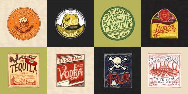 Kaligrafik elemanlı Alkol Etiketi. Vintage Amerikan rozeti. Absinthe Tequila Votka Likör Rom Şarap Güçlü viski Bira. Afiş afiş için çerçeve. T-shirt için el çizilmiş oyma yazı.