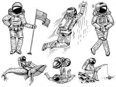 Uzaydaki astronotlar seti. Koleksiyon bayrak ile uzay adamı yükselen, galakside Dancer müzisyen macera. Evsiz gezgin oyulmuş el çizilmiş pop art komik skeç.