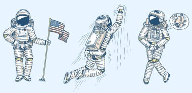 Uzaydaki astronotlar seti. Koleksiyon bayrak ile uzay adamı yükselen, galakside Dancer müzisyen macera. Evsiz gezgin oyulmuş el çizilmiş pop art komik skeç.