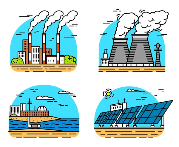 Power plants icons. Industrial buildings. Nuclear Factories, Chemical Geothermal, Solar Wind Tidal Wave Hydroelectric, Fossil fuel, Osmotic generating energy. Set of Ecological sources of electricity. — Stock Vector