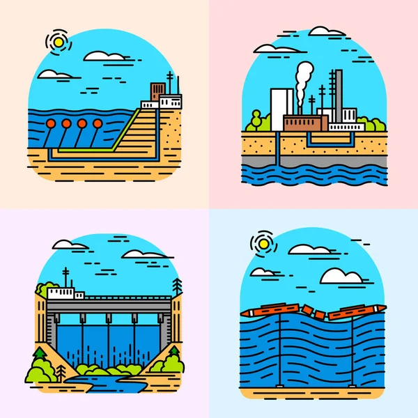Icônes centrales électriques. Bâtiments industriels. Usines nucléaires, géothermie chimique, énergie solaire éolienne marémotrice hydroélectrique, combustibles fossiles, énergie osmotique. Ensemble de sources écologiques d'électricité . — Image vectorielle