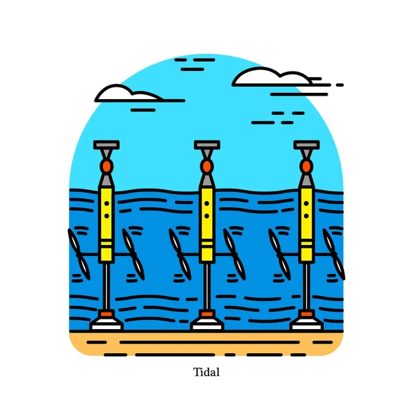 Centrale marémotrice. Forme d'hydroélectricité qui convertit l'énergie obtenue par les marées en électricité. Centrale ou centrale électrique. Icône bâtiment industriel. Sources écologiques . — Image vectorielle