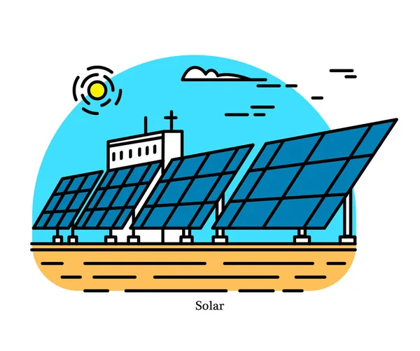 Centrale solare. Conversione dell'energia concentrata dalla luce solare in elettricità. Centrale elettrica o centrale elettrica. Icona dell'edificio industriale. Effetto fotovoltaico. Fonti ecologiche di energia elettrica . — Vettoriale Stock