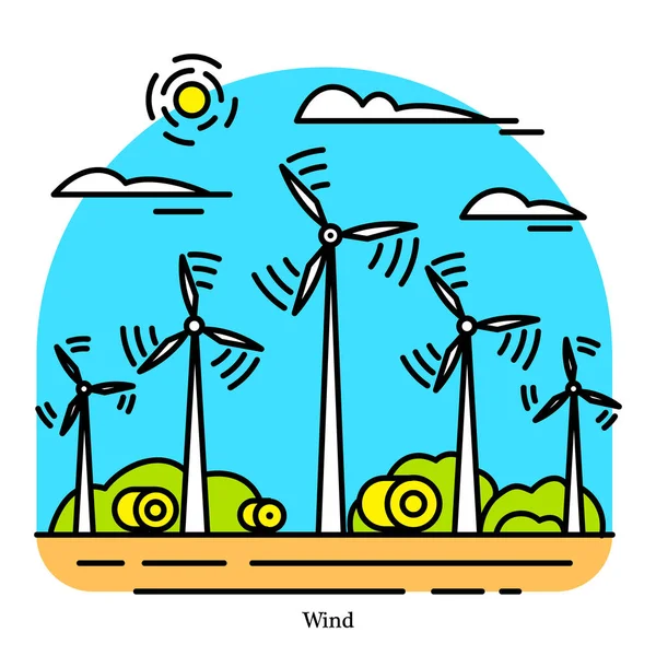 Centrale eolica. Centrale elettrica o centrale elettrica. Icona dell'edificio industriale. Flusso d'aria e turbine. Fonti ecologiche di energia elettrica ed energetica . — Vettoriale Stock