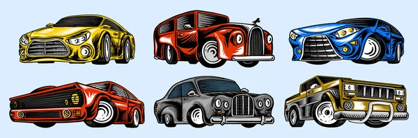 Vehículos musculares y transportes vintage para logotipo y etiquetas. Set de autoservicio retro de la vieja escuela. Colección de roadster clásico. Dibujo dibujado a mano grabado. Clase de negocio y vehículo de motor deportivo . — Vector de stock