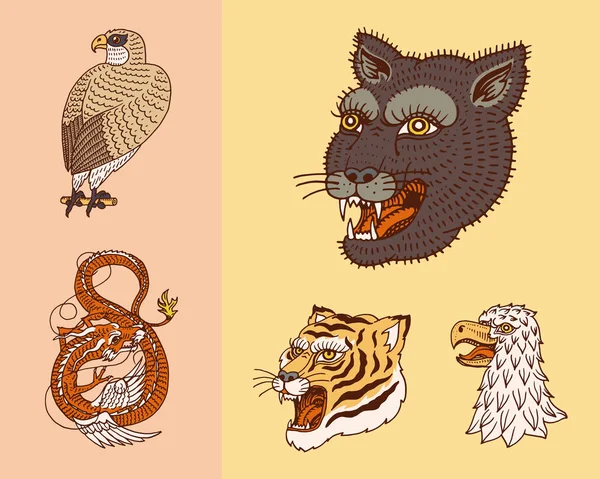 Animais selvagens vintage. Logotipo para t-shirt. Tigre Asiático, Dragão Chinês, Pantera, Raposa, Falcão, Macaco. Tradução O nome do dragão mitológico japonês. Monocromático gravado à mão . —  Vetores de Stock