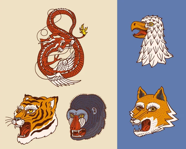 Teste di animali vintage. Logo per t-shirt. Tigre Selvatica Asiatica, Drago Cinese, Volpe, Falco, Scimmia. Originale Il nome del drago mitologico giapponese. Disegnato a mano inciso monocromatico . — Vettoriale Stock