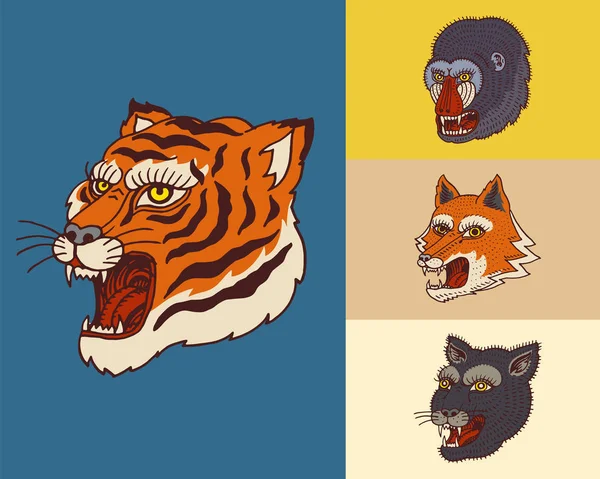 Cabeças de animais vintage. Logotipo para t-shirt. Tigre asiático selvagem, pantera, raposa, macaco. Monocromático gravado à mão . — Vetor de Stock