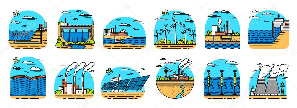 Power plants icons. Industrial buildings. Nuclear Factories, Chemical Geothermal, Solar Wind Tidal Wave Hydroelectric, Fossil fuel, Osmotic generating energy. Set of Ecological sources of electricity.