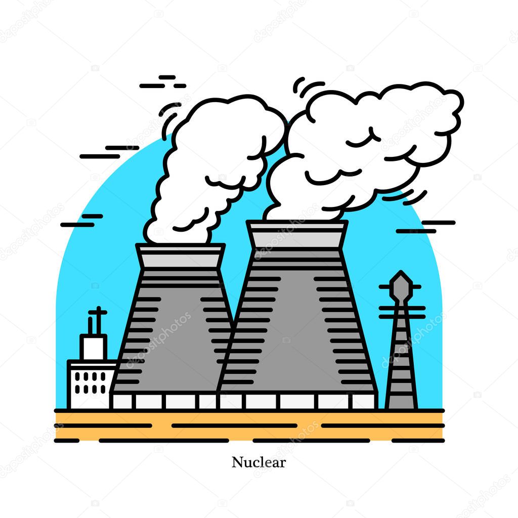 Vettoriale stockCentrale nucleare. Centrale elettrica o centrale elettrica.  Icona industriale. Fonti ecologiche di energia elettrica, energia.  Utilizzato nelle turbine a vapore. Fissione tecnologica, decadimento.  Fissione di uranio e plutonio . di ..., image size:1024x1024