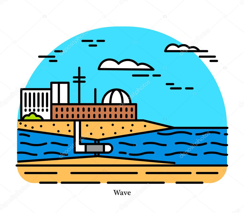 Wind Wave power plant. Energy converter. Powerhouse or generating station. Desalination or pumping water. Industrial building icon. Ecological sources of Electricity.