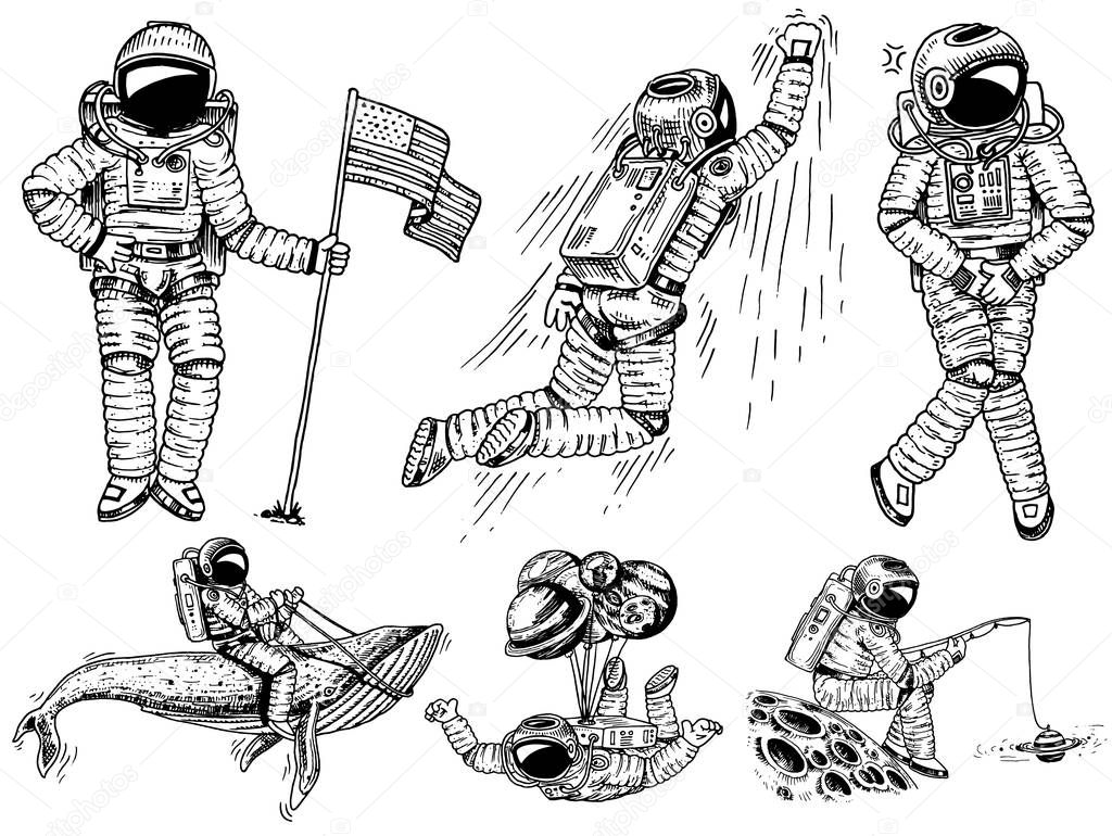 Set of Astronauts in space. Collection soaring spaceman with flag, Dancer musician adventure in the galaxy. Homeless traveler engraved hand drawn pop art comic sketch.