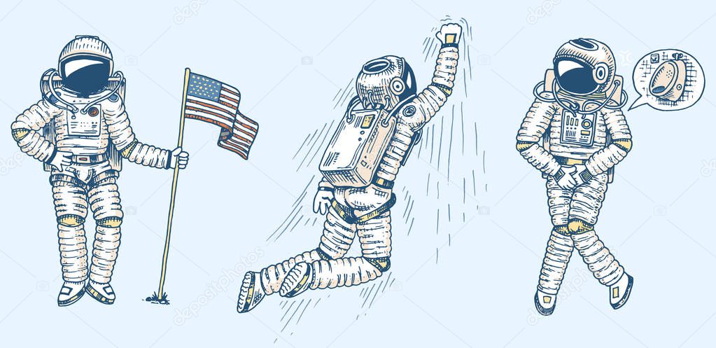 Set of Astronauts in space. Collection soaring spaceman with flag, Dancer musician adventure in the galaxy. Homeless traveler engraved hand drawn pop art comic sketch.