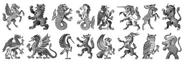 Vintage tarzıNda Heraldry için Hayvanlar. Kuşlar, efsanevi yaratıklar, balık, ejderha, tek boynuzlu at, aslan ile arma oyulmuş. Ortaçağ Amblemleri ve fantezi krallığının logosu.