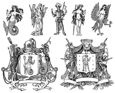 Heraldry vintage tarzında. Hayvanlar, kuşlar, efsanevi yaratıklar, balık, ejderha, tek boynuzlu at, aslan ile arma oyulmuş. Ortaçağ Amblemleri ve fantezi krallığının logosu.