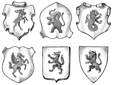 Heraldry vintage tarzında. Hayvanlar, kuşlar, efsanevi yaratıklar, balık, ejderha, tek boynuzlu at, aslan ile arma oyulmuş. Ortaçağ Amblemleri ve fantezi krallığının logosu.