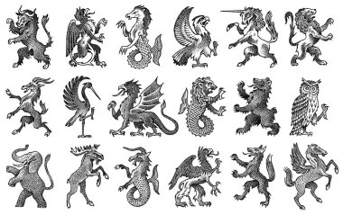 Vintage tarzıNda Heraldry için Hayvanlar. Kuşlar, efsanevi yaratıklar, balık, ejderha, tek boynuzlu at, aslan ile arma oyulmuş. Ortaçağ Amblemleri ve fantezi krallığının logosu.