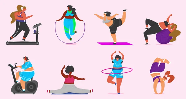 Fitness girls Plus Size. Desporto de saúde no clube. Conjunto de Mulher Gorda fazendo exercícios, perde peso, correndo no simulador, aquecendo. Formação pose em aulas de ioga, Fofos personagens femininos ou de corpo inteiro . — Vetor de Stock