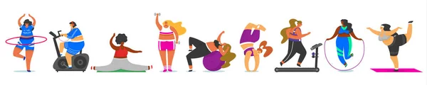 Fitness Woman seti. Kulüpte sağlık sporu. Sevimli Artı Boyutu. Şişman kızlar egzersiz yapıyor, simülatörde koşuyor, kilo kaybediyor, ısınıyor. Tam Gövde karakterleri. — Stok Vektör
