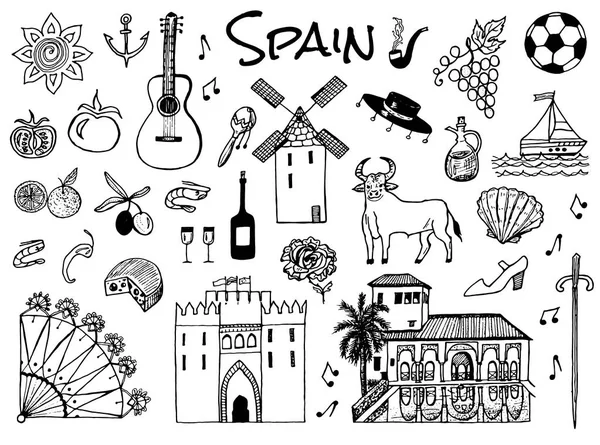 Símbolos e objectos tradicionais espanhóis. Conjunto de sinais e ícones em estilo vintage. Desenho à mão. Guitarra, futbol, música e vinho . — Vetor de Stock