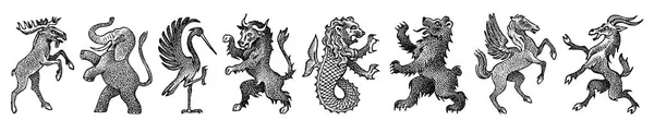 Djur för heraldik i vintagestil. Graverade vapen med fåglar, mytiska varelser, fisk, Dragon, Unicorn, lejon. Medeltida emblem och logotypen för fantasy Kingdom. — Stock vektor