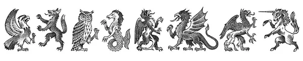 ヴィンテージスタイルのヘラルドリーのための動物。鳥、神話の生き物、魚と腕の彫刻コート。中世のエンブレムとファンタジー王国のロゴ. — ストックベクタ