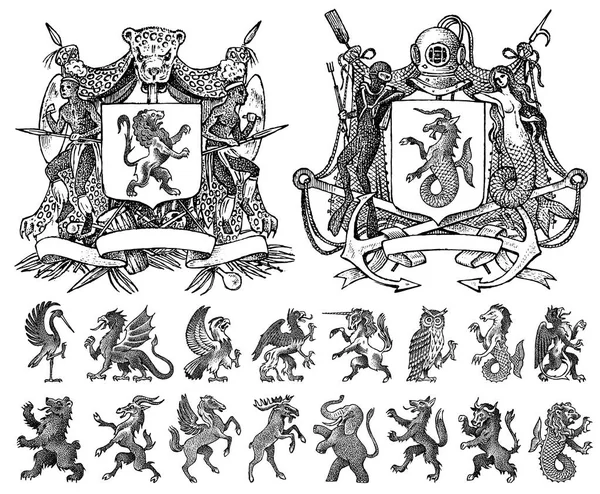 Heráldica en estilo vintage. Escudo de armas grabado con animales, aves, criaturas míticas, peces, dragón, unicornio, león. Emblemas medievales y el logotipo del reino de fantasía . — Archivo Imágenes Vectoriales