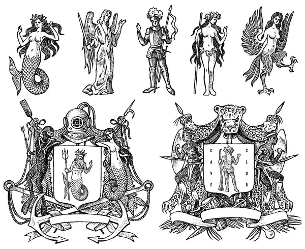 Геральдика в вінтажному стилі. Вигравіруваний герб з тваринами, птахами, міфічними істотами, рибою, драконом, єдинорогом, левом. Середньовічні емблеми і логотип фентезійного королівства . — стоковий вектор