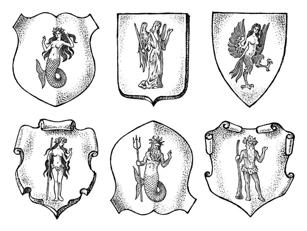 Heraldiek in vintage stijl. Gegraveerde wapenschild met dieren, vogels, mythische wezens, vis, draak, Eenhoorn, Leeuw. Middeleeuwse emblemen en het logo van het fantasierijk. — Stockvector