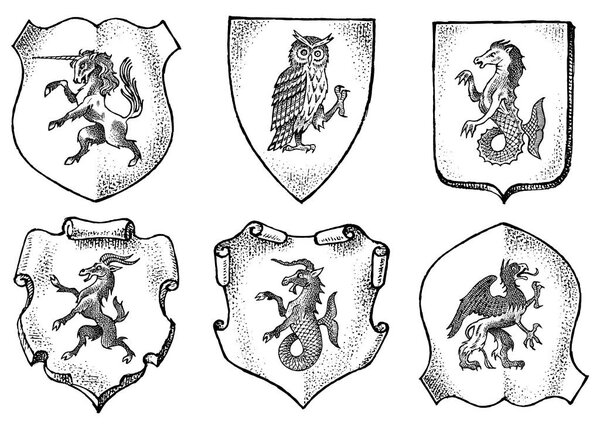 Heraldry in vintage style. Engraved coat of arms with animals, birds, mythical creatures, fish. Medieval Emblems and the logo of the fantasy kingdom.