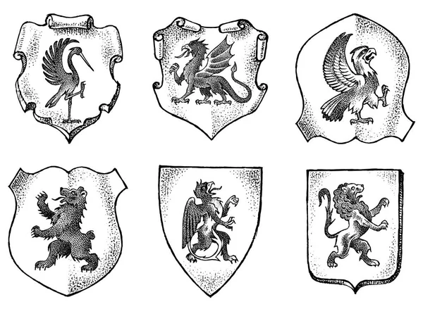 Heraldik im Vintage-Stil. eingravierte Wappen mit Tieren, Vögeln, Fabelwesen, Fischen. Mittelalterliche Embleme und das Logo des Fantasiereiches. — Stockvektor