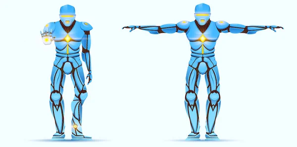 Un Cyborg con estilo. Robot humanoide con inteligencia artificial, IA. personaje muestra gestos. Android masculino, ilustración vectorial futurista en estilo de dibujos animados . — Vector de stock