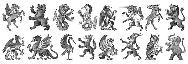 Animales para Heráldica en estilo vintage. Escudo de armas grabado con pájaros, criaturas míticas, peces, dragón, unicornio, león. Emblemas medievales y el logotipo del reino de fantasía . — Vector de stock