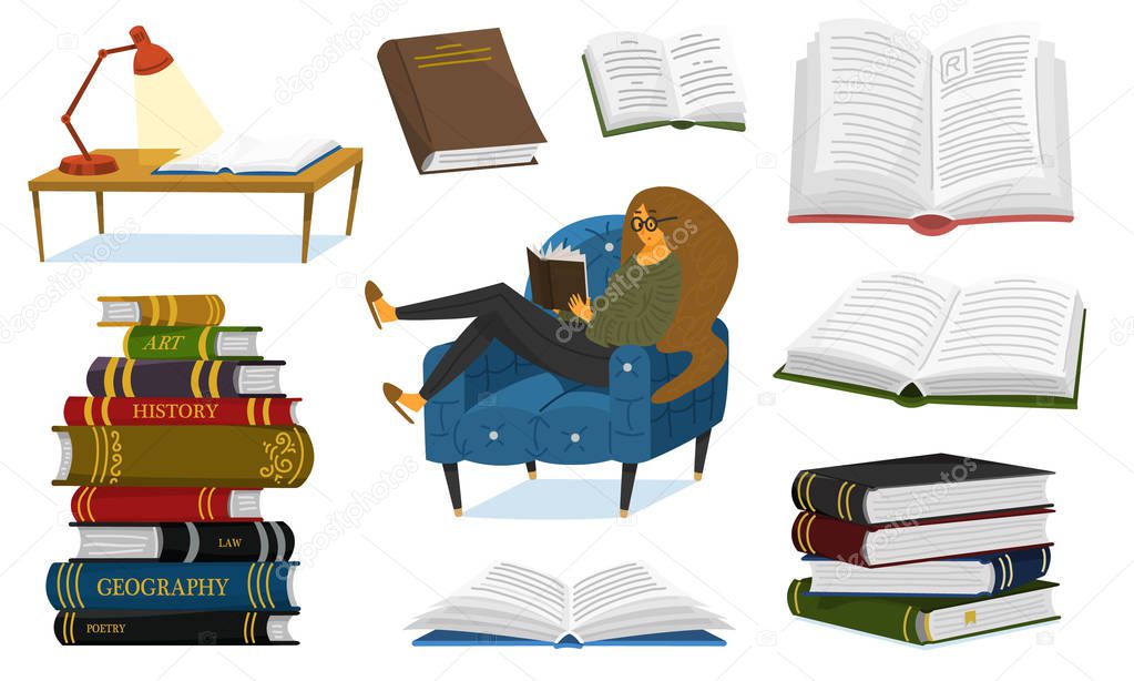 A fan of books a woman is sitting on the couch. Stylish literature lover with glasses. A stack of volumes and opened pages.
