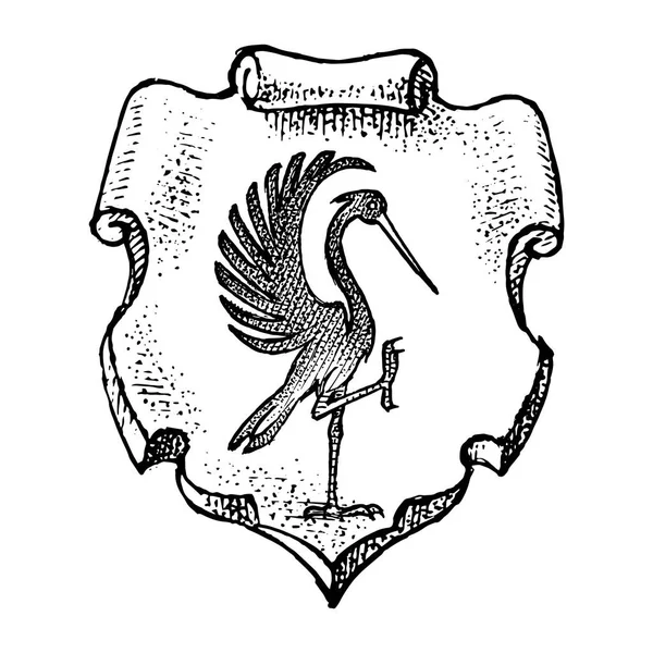 Tier für die Heraldik im Vintage-Stil. eingravierte Wappen mit Storchenvogel. Mittelalterliche Embleme und das Logo des Fantasiereiches. — Stockvektor