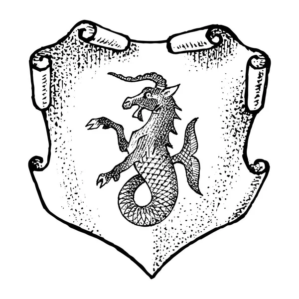 Animal para Heráldica em estilo vintage. Brasão de armas gravado com peixes de cabra, criatura mítica. Emblemas medievais e o logotipo do reino da fantasia . — Vetor de Stock
