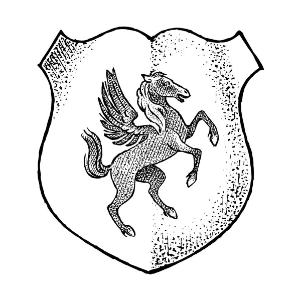 Dier voor heraldiek in vintage stijl. Gegraveerde wapenschild met Pegasus, mythische schepsel. Middeleeuwse emblemen en het logo van het fantasierijk. — Stockvector