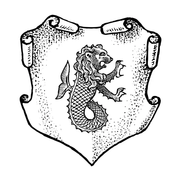 Zwierzę dla Heraldry w stylu Vintage. Grawerowane herb z ryb Lwa, mityczne stworzenie. Średniowieczne emblematy i logo Królestwa Fantasy. — Wektor stockowy