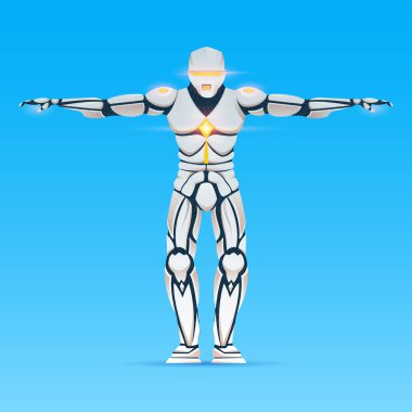 Şık Cyborg adam. Yapay zekalı insansı robot, Ai. karakter hareketleri gösterir. Android erkek, karikatür tarzında fütüristik vektör illüstrasyon.