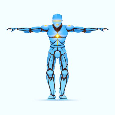 Şık Cyborg adam. Yapay zekalı insansı robot, Ai. karakter hareketleri gösterir. Android erkek, karikatür tarzında fütüristik vektör illüstrasyon.