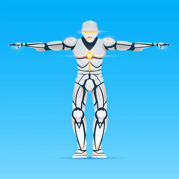 Stylischer Cyborg-Mann. humanoide Roboter mit künstlicher Intelligenz, ai. Charakter zeigt Gesten. Androide männliche, futuristische Vektorillustration im Cartoon-Stil. — Stockvektor